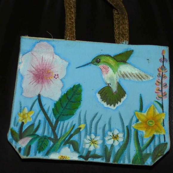 Hand Painted Small Tote Bag Hummingbird Floral Flowers 6 ¾" X 5 ½" - Picture 4 of 10